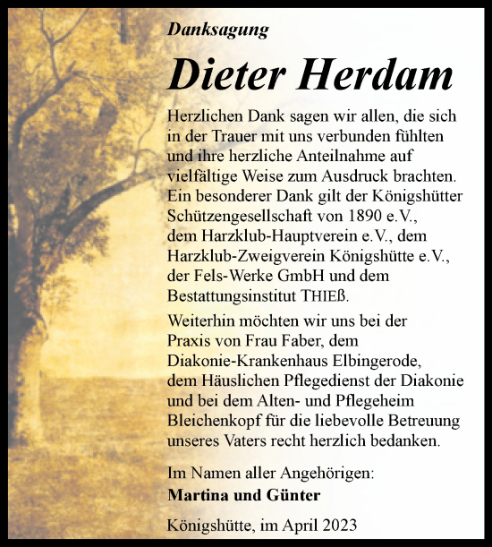 Traueranzeige von Dieter Herdam von Volksstimme Wernigerode