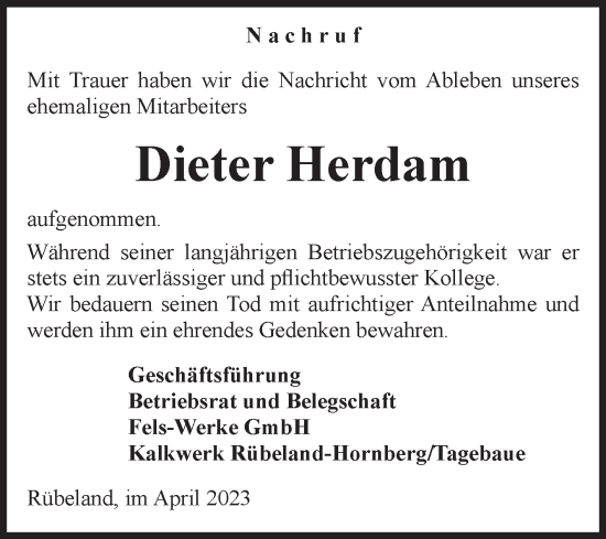 Traueranzeige von Dieter Herdam von Volksstimme Wernigerode