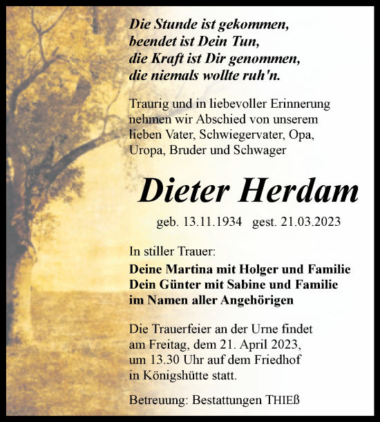 Traueranzeige von Dieter Herdam von Volksstimme Wernigerode