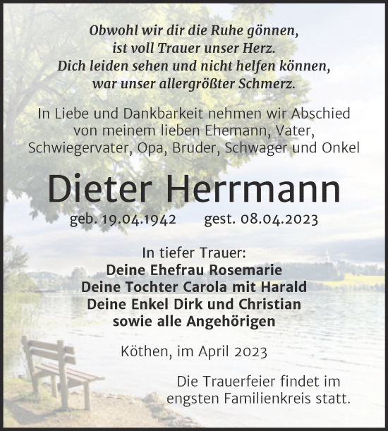 Traueranzeige von Dieter Herrmann von Trauerkombi Köthen