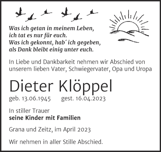 Traueranzeige von Dieter Klöppel von Trauerkombi Zeitz