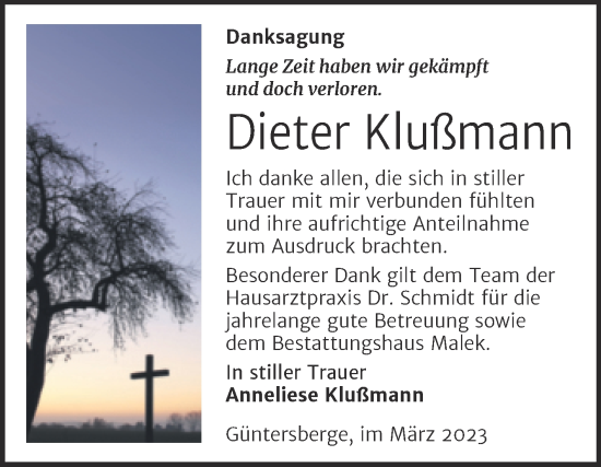 Traueranzeige von Dieter Klußmann von Trauerkombi Quedlinburg