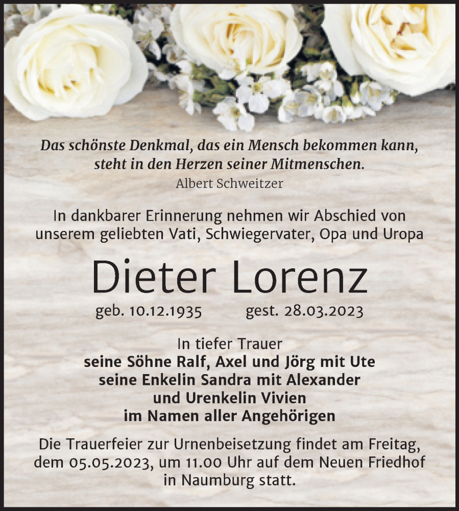  Traueranzeige für Dieter Lorenz vom 01.04.2023 aus Naumburger Tageblatt