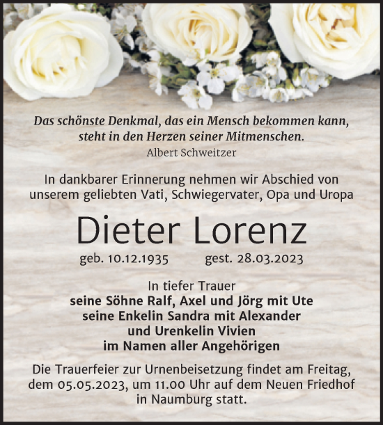 Traueranzeige von Dieter Lorenz von Naumburger Tageblatt