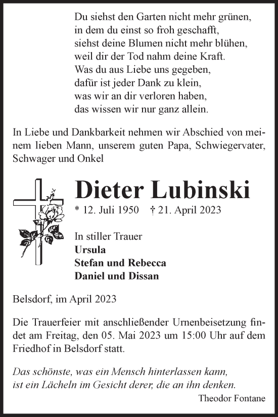 Traueranzeige von Dieter Lubinski von Volksstimme Oschersleben/Wanzleben