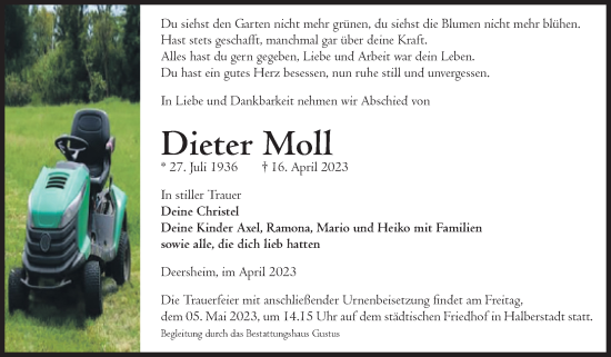 Traueranzeige von Dieter Moll von Volksstimme Halberstadt