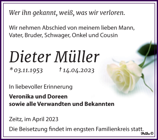 Traueranzeige von Dieter Müller von Trauerkombi Zeitz