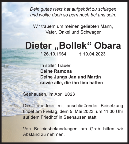 Traueranzeige von Dieter Obara von Volksstimme Altmark Ost