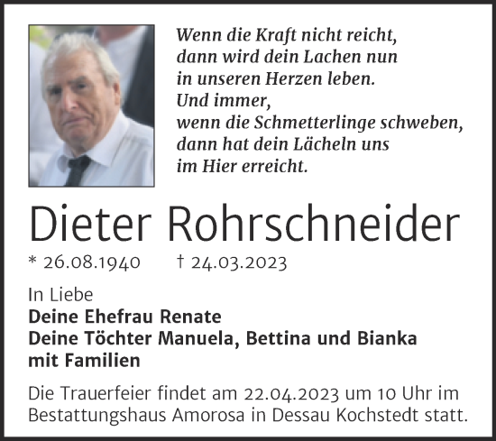 Traueranzeige von Dieter Rohrschneider von Trauerkombi Dessau