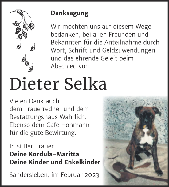 Traueranzeige von Dieter Selka von Mitteldeutsche Zeitung Mansfelder Land