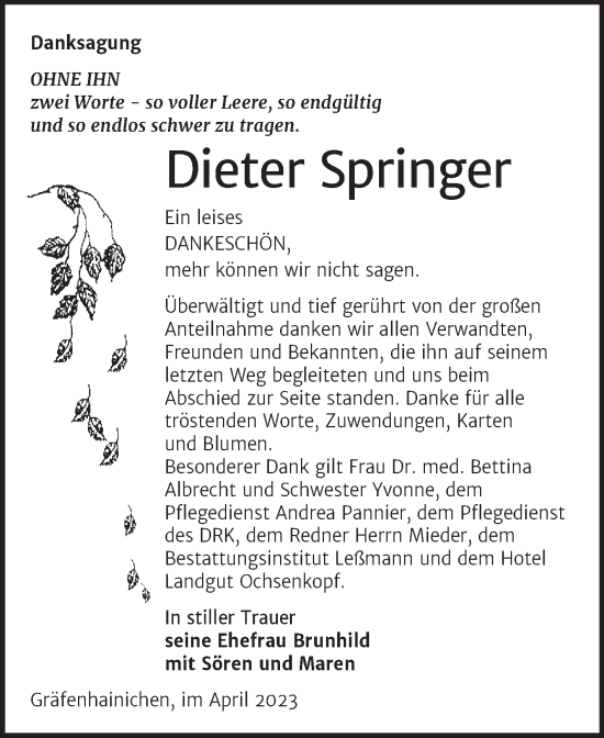 Traueranzeige von Dieter Springer von Trauerkombi Wittenberg