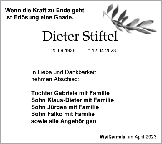 Traueranzeige von Dieter Stiftel von Trauerkombi Weißenfels