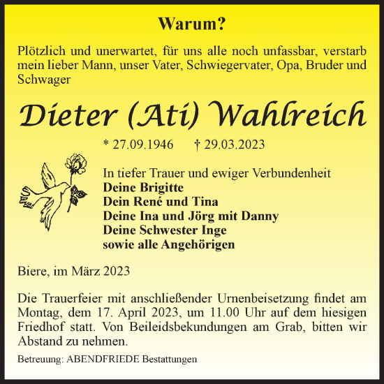 Traueranzeige von Dieter Wahlreich von Mitteldeutsche Zeitung
