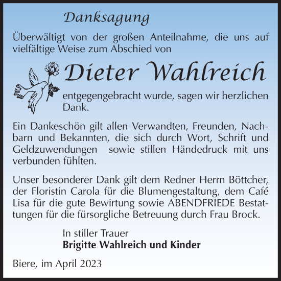 Traueranzeige von Dieter Wahlreich von Mitteldeutsche Zeitung