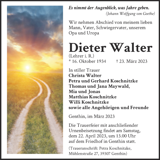Traueranzeige von Dieter Walter von Mitteldeutsche Zeitung Weißenfels
