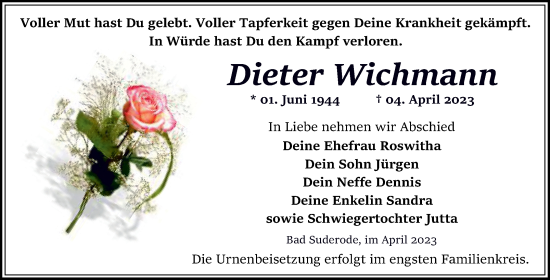 Traueranzeige von Dieter Wichmann von Trauerkombi Quedlinburg