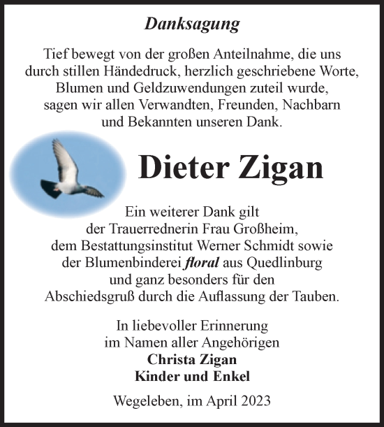 Traueranzeige von Dieter Zigan von Volksstimme Halberstadt
