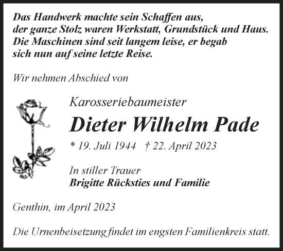 Traueranzeige von Dieter Wilhelm Pade von Mitteldeutsche Zeitung