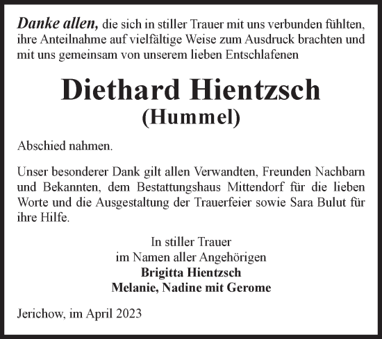 Traueranzeige von Diethard Hientzsch von Volksstimme Burg/Genthin