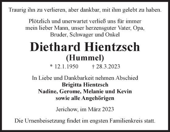 Traueranzeige von Diethard Hientzsch von Volksstimme Burg/Genthin
