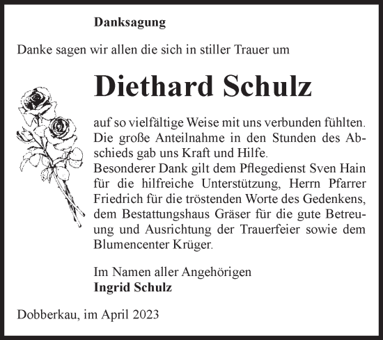 Traueranzeige von Diethard Schulz von Volksstimme Altmark Ost
