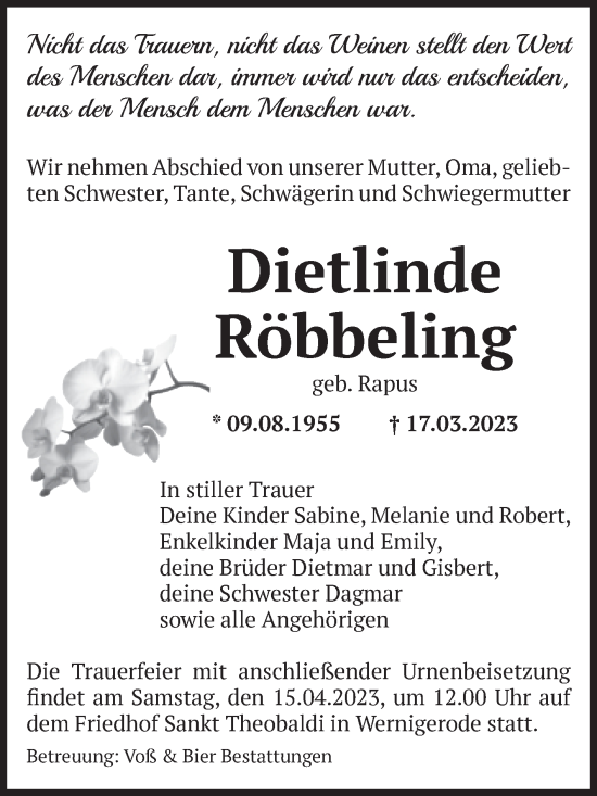 Traueranzeige von Dietlinde Röbbeling von Volksstimme Wernigerode