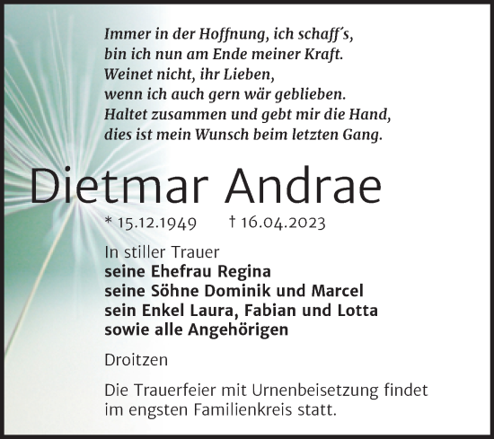 Traueranzeige von Dietmar Andrae von Wochenspiegel Naumburg/Nebra