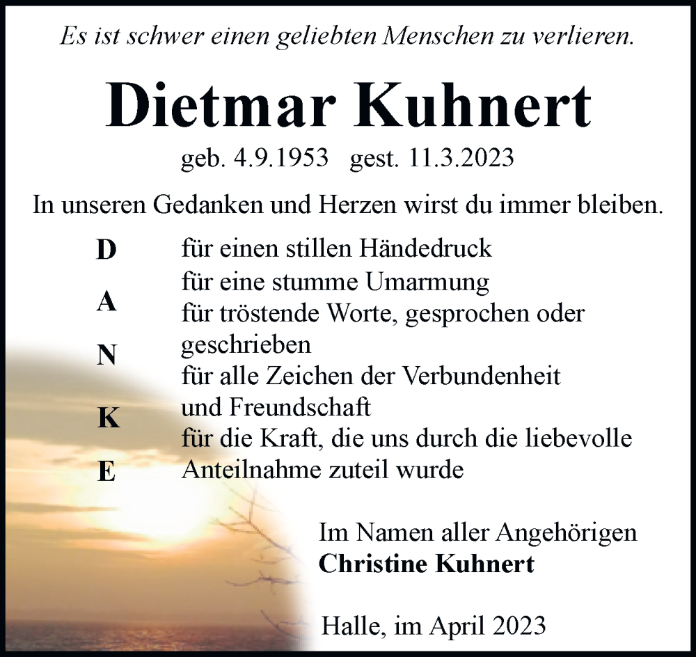  Traueranzeige für Dietmar Kuhnert vom 22.04.2023 aus Mitteldeutsche Zeitung Halle/Saalkreis