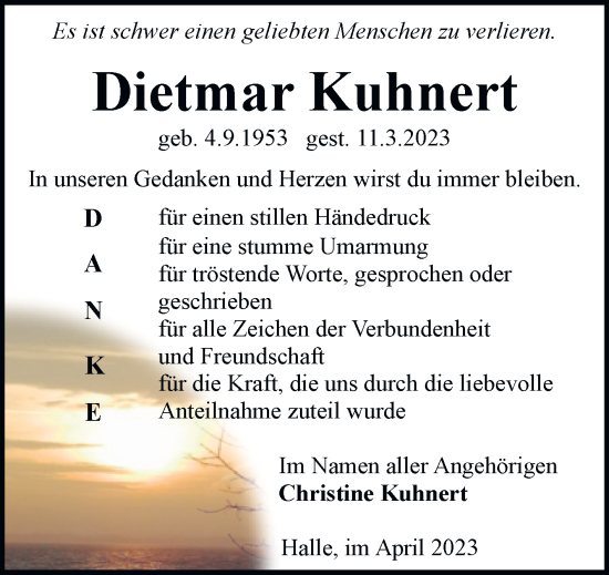 Traueranzeige von Dietmar Kuhnert von Mitteldeutsche Zeitung Halle/Saalkreis