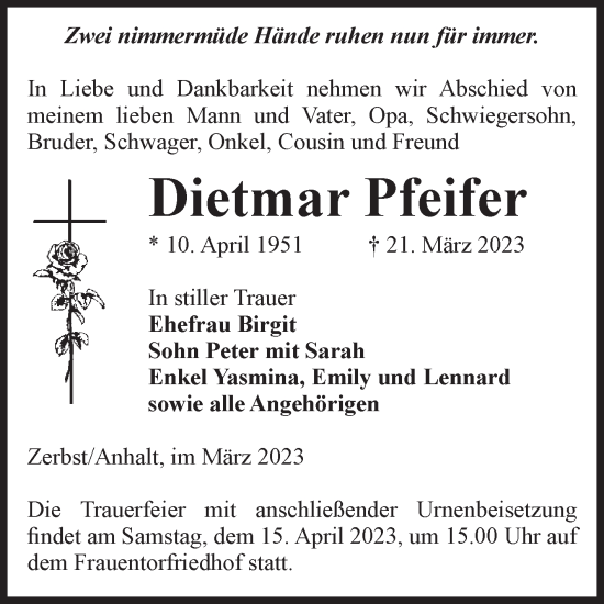 Traueranzeige von Dietmar Pfeifer von Volksstimme Zerbst