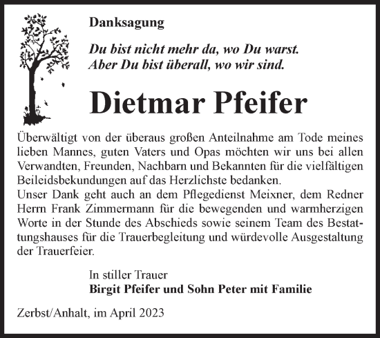 Traueranzeige von Dietmar Pfeifer von Volksstimme Zerbst