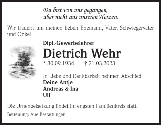 Traueranzeige von Dietrich Wehr von Volksstimme Magdeburg