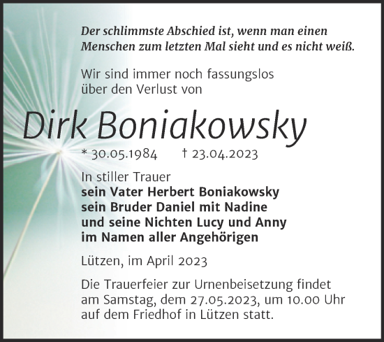 Traueranzeige von Dirk Boniakowsky von Trauerkombi Weißenfels