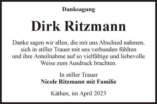 Traueranzeige von Dirk Ritzmann von Volksstimme Altmark Ost