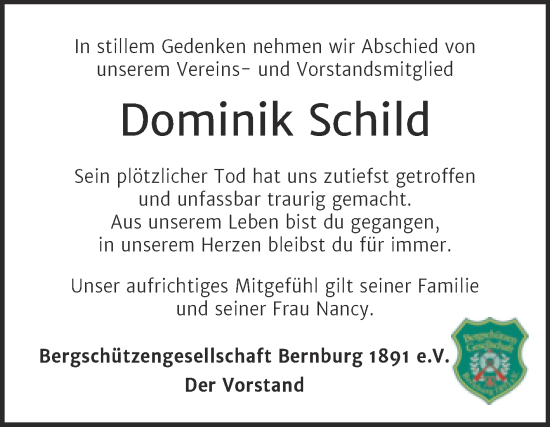 Traueranzeige von Dominik Schild von Trauerkombi Köthen