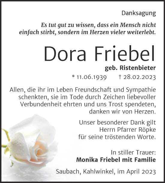Traueranzeige von Dora Friebel von Wochenspiegel Naumburg/Nebra