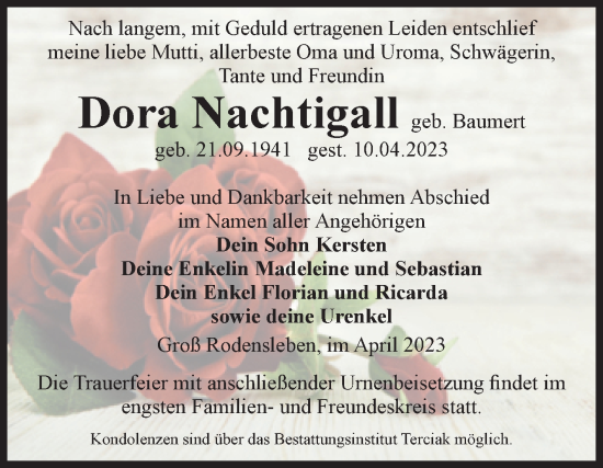 Traueranzeige von Dora Nachtigall von Volksstimme Oschersleben/Wanzleben