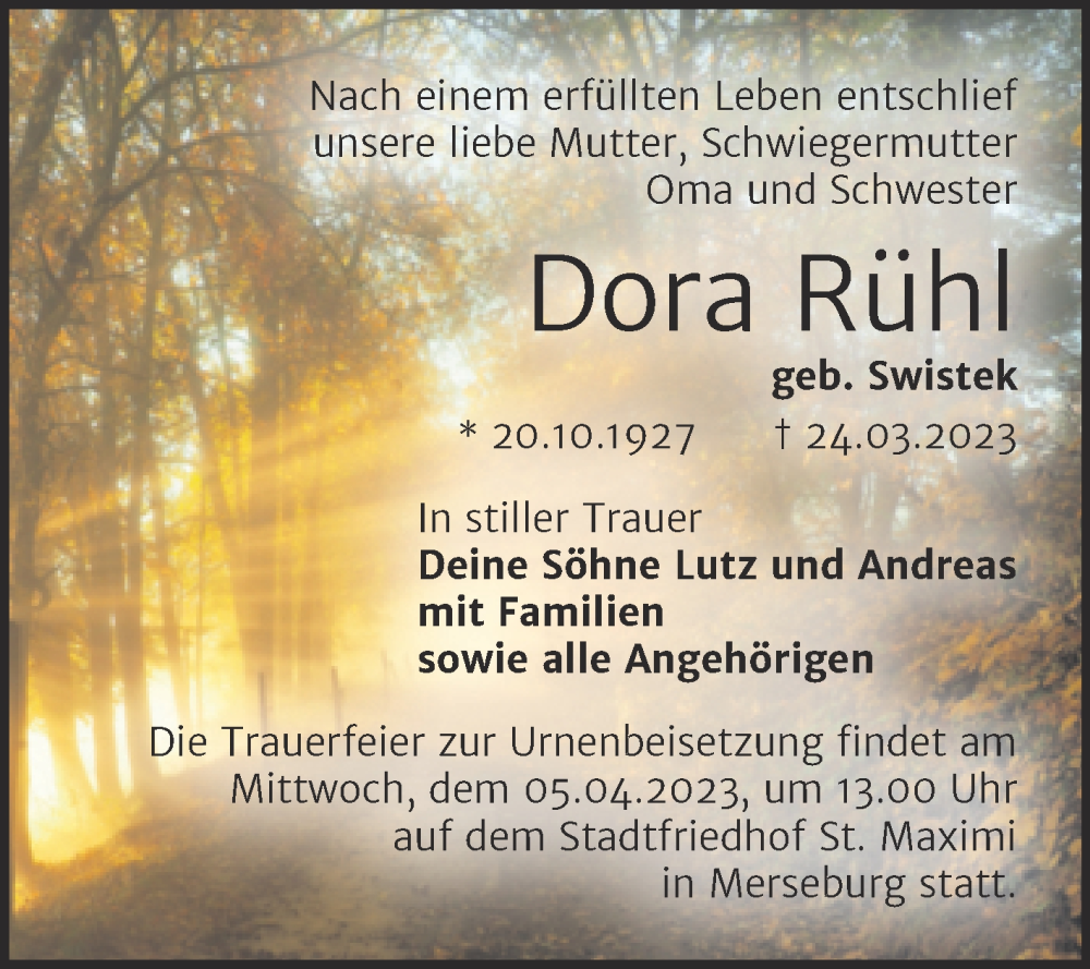  Traueranzeige für Dora Rühl vom 01.04.2023 aus Trauerkombi Merseburg