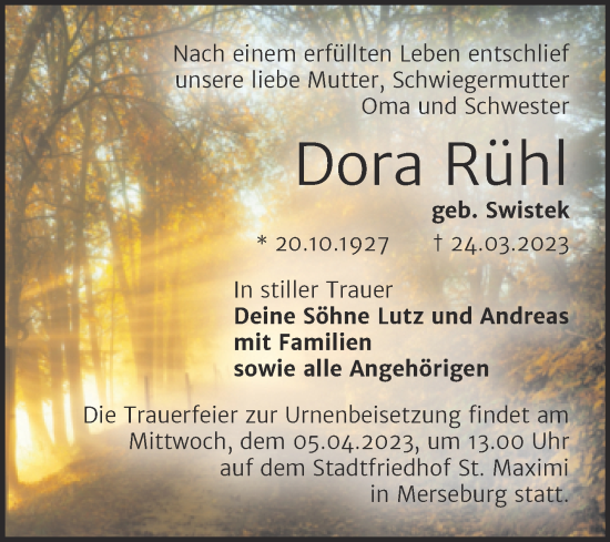 Traueranzeige von Dora Rühl von Trauerkombi Merseburg