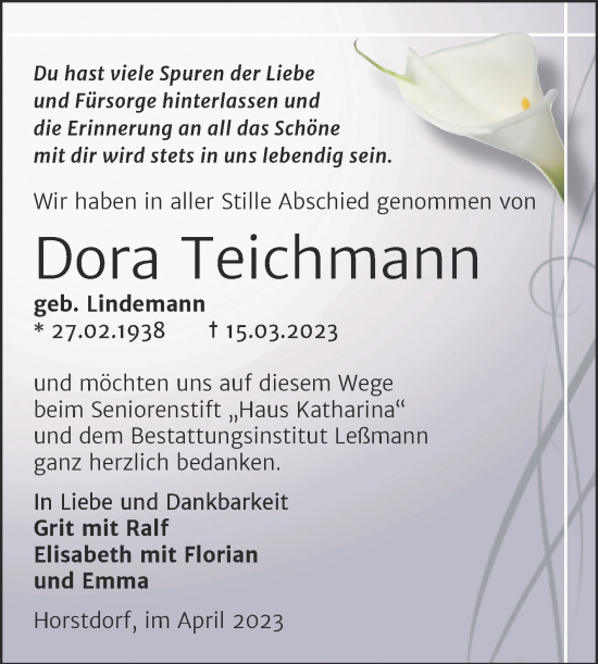Traueranzeige von Dora Teichmann von Trauerkombi Wittenberg
