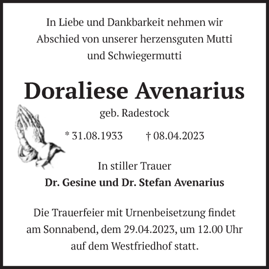 Traueranzeige von Doraliese Avenarius von Volksstimme Magdeburg