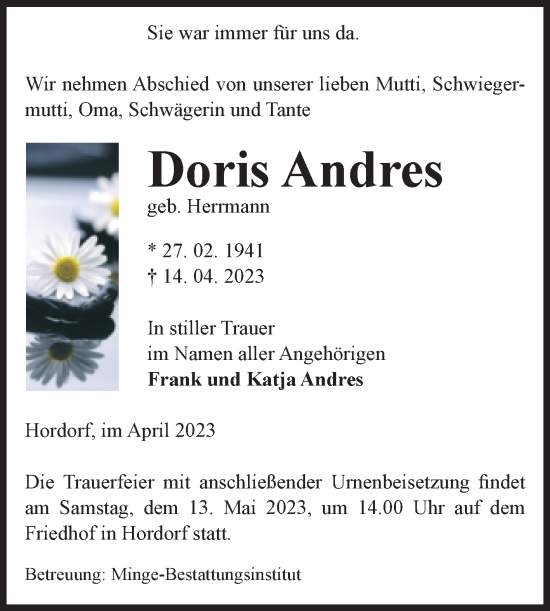 Traueranzeige von Doris Andres von Volksstimme Oschersleben/Wanzleben
