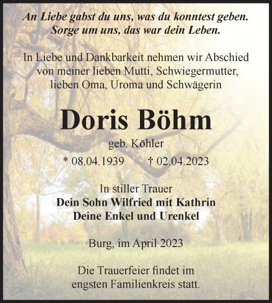 Traueranzeige von Doris Böhm von Volksstimme Burg/Genthin