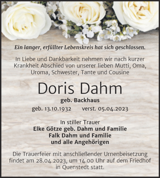 Traueranzeige von Doris Dahm von Trauerkombi Aschersleben