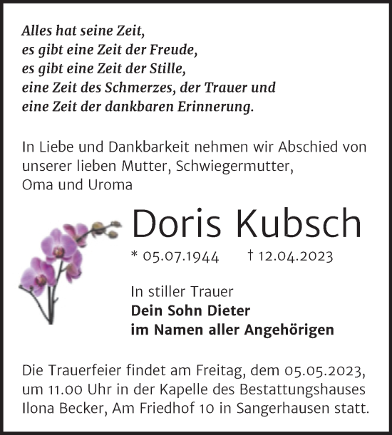 Traueranzeige von Doris Kubsch von Trauerkombi Sangerhausen