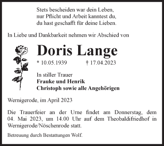 Traueranzeige von Doris Lange von Volksstimme Wernigerode