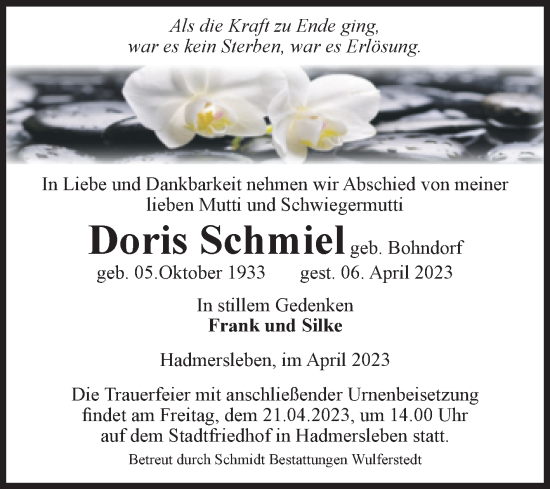 Traueranzeige von Doris Schmiel von Volksstimme Oschersleben/Wanzleben