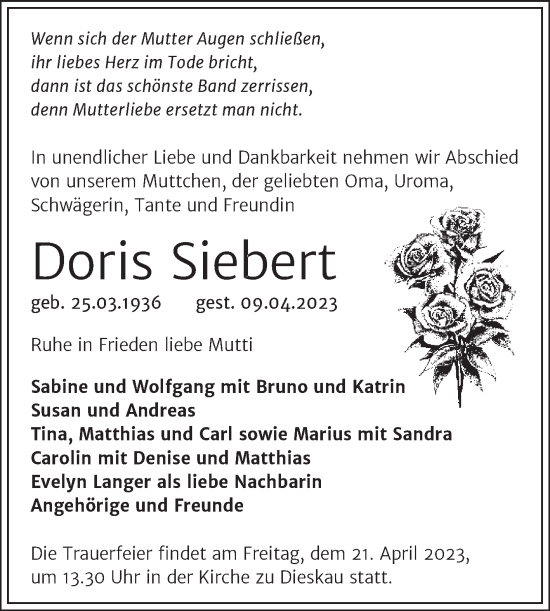 Traueranzeige von Doris Siebert von Mitteldeutsche Zeitung Halle/Saalkreis