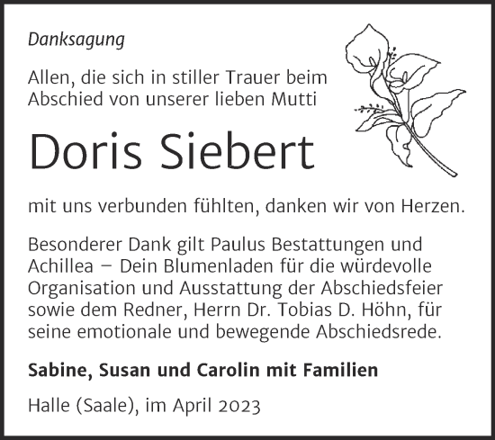 Traueranzeige von Doris Siebert von Mitteldeutsche Zeitung Halle/Saalkreis