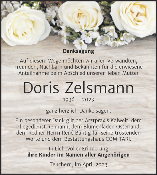 Traueranzeige von Doris Zelsmann von Trauerkombi Weißenfels